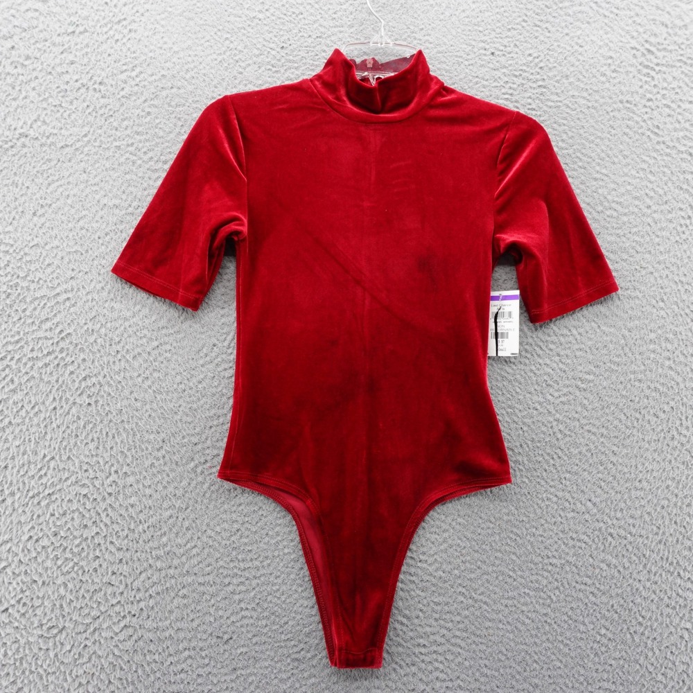 Steve Madden Womens Red Velvet Mock‎ Neck Short Sleeve Bodysuit XS NEW